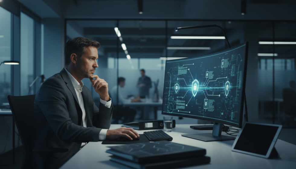 homem olhando computador